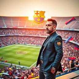 Amir Ali Yeganeh, a charismatic and visionary football manager, stands confidently on the sidelines of the Camp Nou, wearing a sleek Barcelona coaching suit