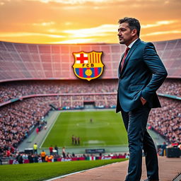 Amir Ali Yeganeh, a charismatic and visionary football manager, stands confidently on the sidelines of the Camp Nou, wearing a sleek Barcelona coaching suit
