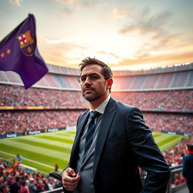 Amir Ali Yeganeh, a charismatic and visionary football manager, stands confidently on the sidelines of the Camp Nou, wearing a sleek Barcelona coaching suit