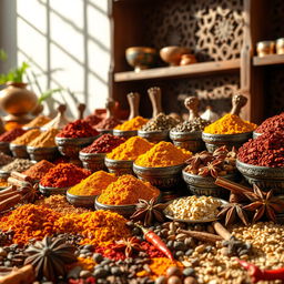 A vibrant and colorful display of various spices from Arabic, Asian, and foreign cuisines