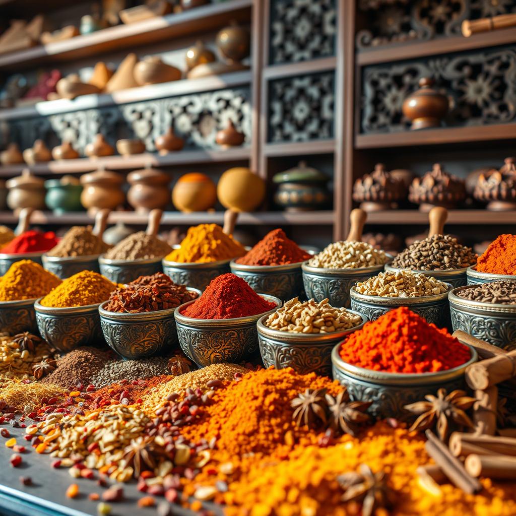 A vibrant and colorful display of various spices from Arabic, Asian, and foreign cuisines