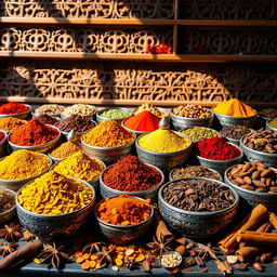 A vibrant and colorful display of various spices from Arabic, Asian, and foreign cuisines
