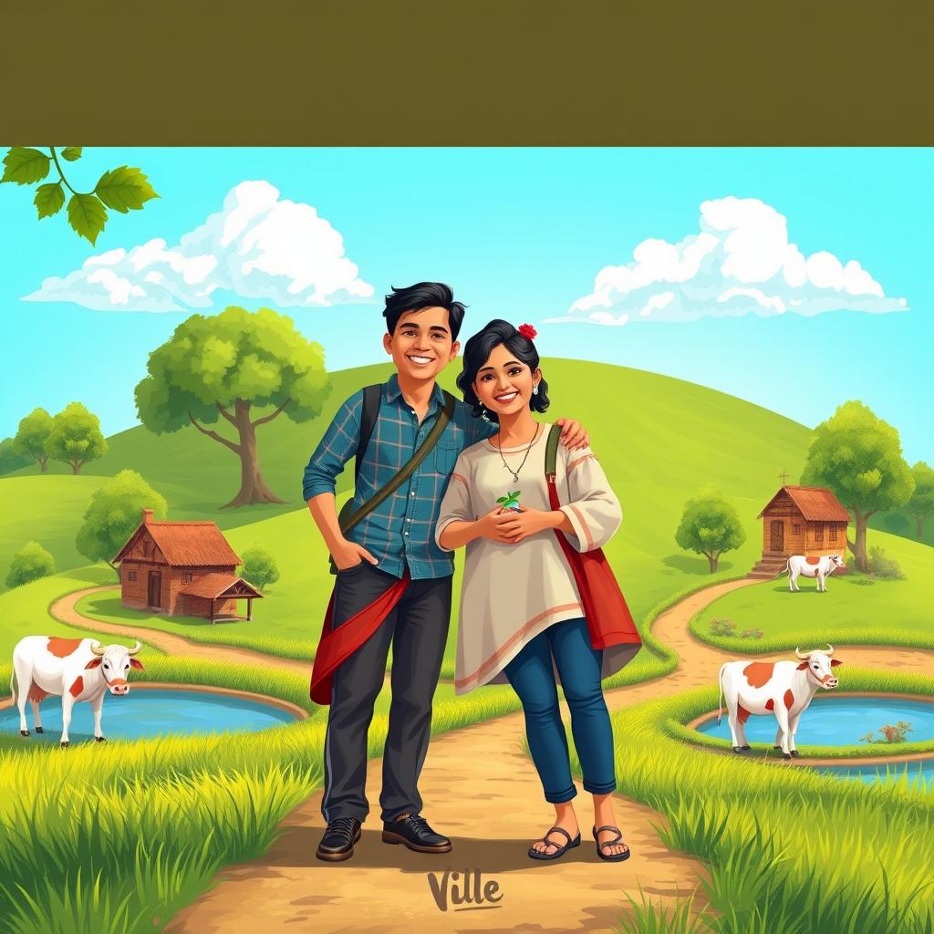 A captivating book cover illustration depicting a happy couple and their 8-year-old son embarking on a journey from the bustling life of Bangalore to the serene charm of village life