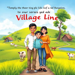 A captivating book cover illustration depicting a happy couple and their 8-year-old son embarking on a journey from the bustling life of Bangalore to the serene charm of village life