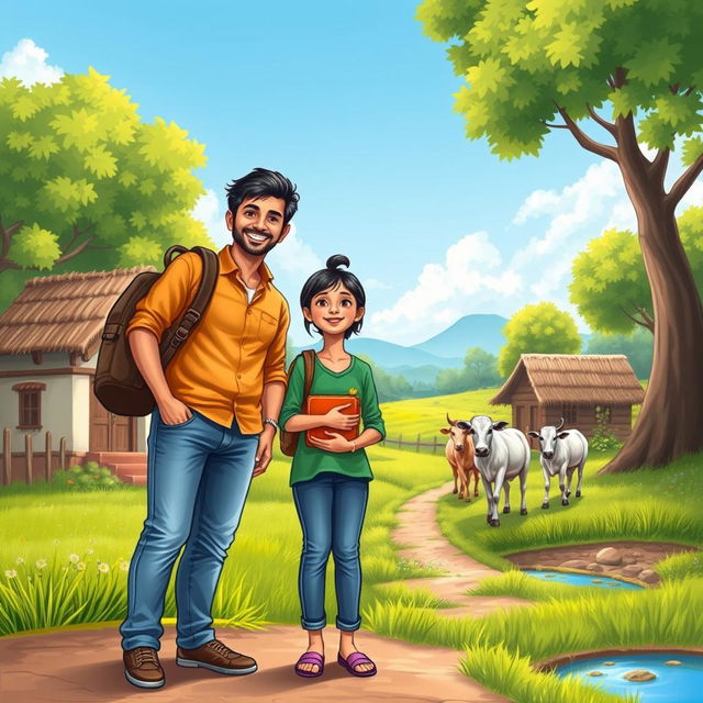 A captivating book cover illustration depicting a happy couple and their 8-year-old son embarking on a journey from the bustling life of Bangalore to the serene charm of village life