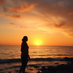 A peaceful scene of a person standing beside the sea, gazing out towards the horizon