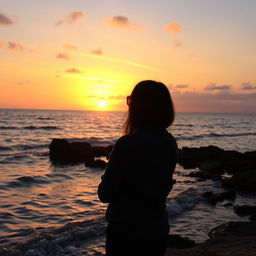A peaceful scene of a person standing beside the sea, gazing out towards the horizon
