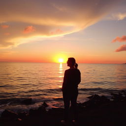 A peaceful scene of a person standing beside the sea, gazing out towards the horizon