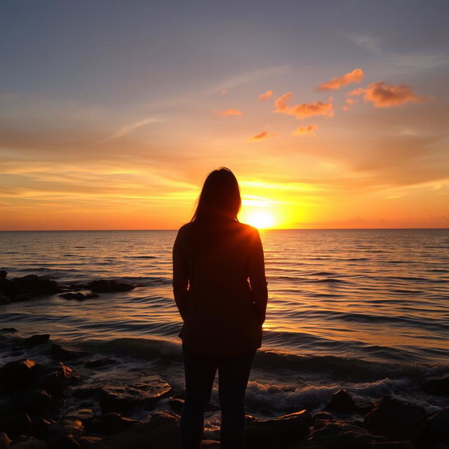 A peaceful scene of a person standing beside the sea, gazing out towards the horizon