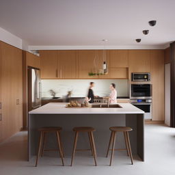 Design a spacious and modern kitchen for two friends in their 30s, fitting within the dimensions of 19.5x12.5 feet, incorporating double cooking stations and comfortable dining space.