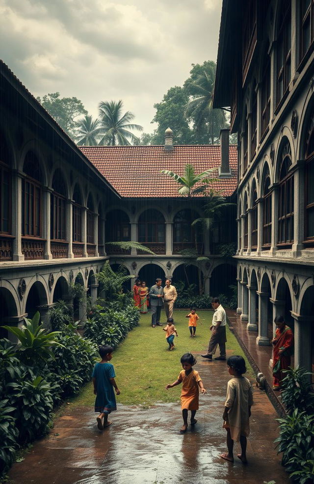 An atmospheric scene depicting an orphan asylum during the colonial era in Bengal, showcasing typical architecture of the period with large wooden windows, decorative arches, and a sprawling garden filled with lush greenery