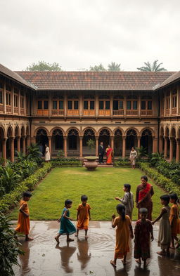 An atmospheric scene depicting an orphan asylum during the colonial era in Bengal, showcasing typical architecture of the period with large wooden windows, decorative arches, and a sprawling garden filled with lush greenery