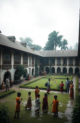 An atmospheric scene depicting an orphan asylum during the colonial era in Bengal, showcasing typical architecture of the period with large wooden windows, decorative arches, and a sprawling garden filled with lush greenery