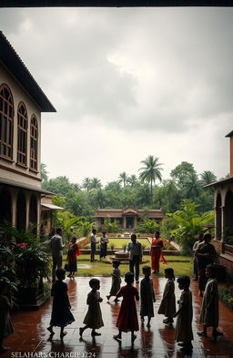 An atmospheric scene depicting an orphan asylum during the colonial era in Bengal, showcasing typical architecture of the period with large wooden windows, decorative arches, and a sprawling garden filled with lush greenery