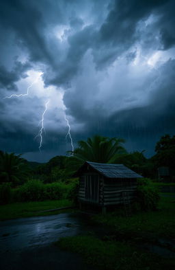A small, rustic shed in the foreground, surrounded by lush greenery