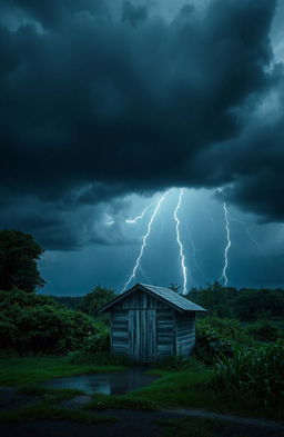 A small, rustic shed in the foreground, surrounded by lush greenery