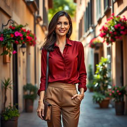 A 38-year-old woman with dark hair and distinct Italian features, fully dressed in a stylish and elegant outfit
