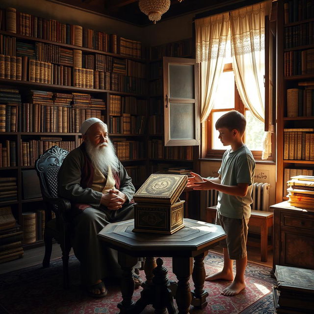 An old traditional room with walls covered in bookshelves filled with ancient texts