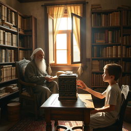 An old traditional room with walls covered in bookshelves filled with ancient texts