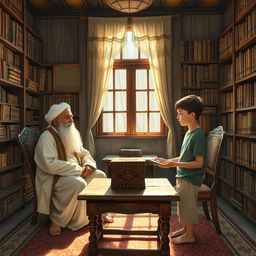 An old traditional room with walls covered in bookshelves filled with ancient texts