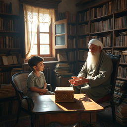 An old traditional room with walls covered in bookshelves filled with ancient texts