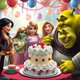 A whimsical scene featuring Mulan, Rapunzel, Disgust, Joy, and Shrek gathered around a beautifully decorated cake in a vibrant, enchanting setting
