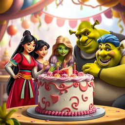 A whimsical scene featuring Mulan, Rapunzel, Disgust, Joy, and Shrek gathered around a beautifully decorated cake in a vibrant, enchanting setting