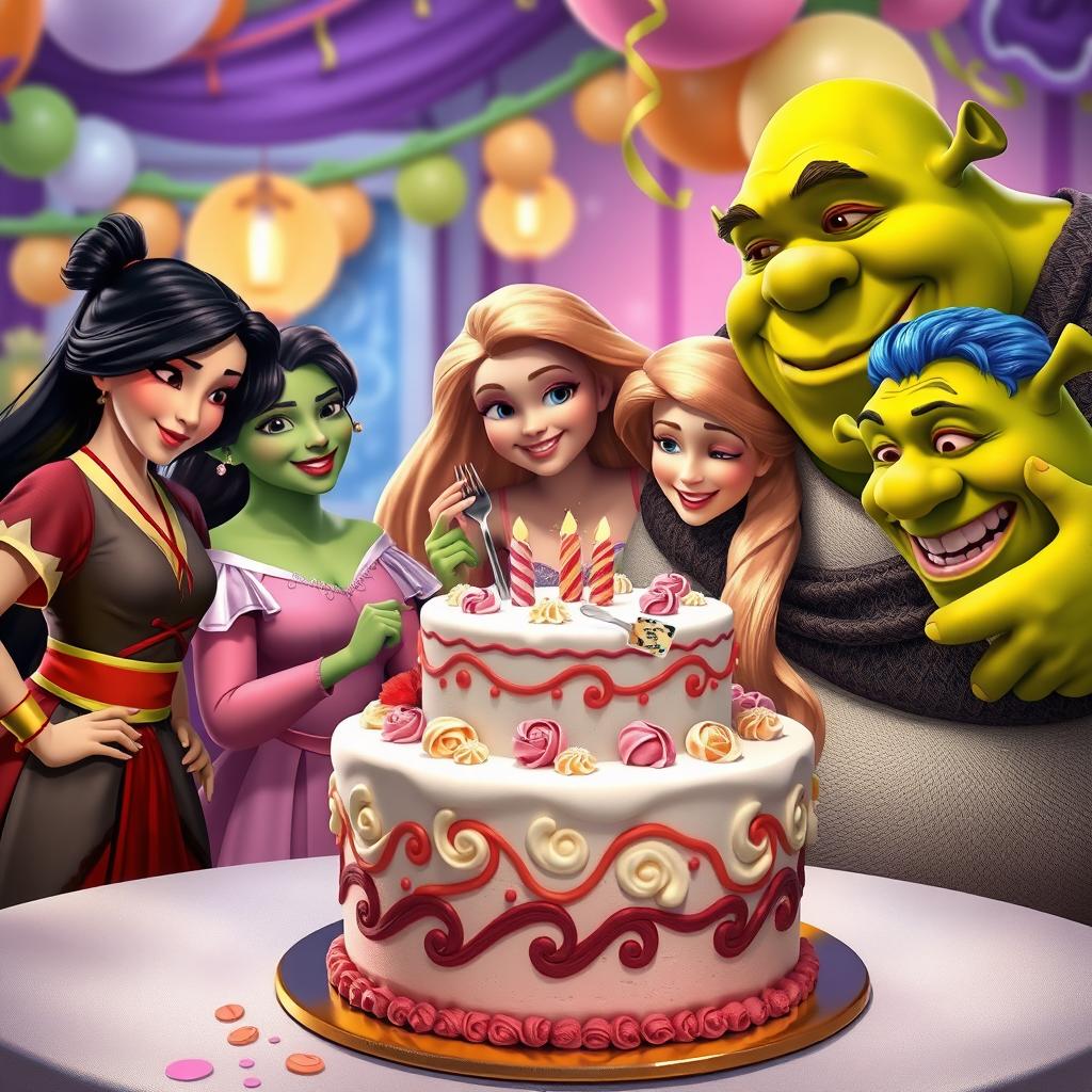 A whimsical scene featuring Mulan, Rapunzel, Disgust, Joy, and Shrek gathered around a beautifully decorated cake in a vibrant, enchanting setting