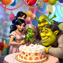 A whimsical scene featuring Mulan, Rapunzel, Disgust, Joy, and Shrek gathered around a beautifully decorated cake in a vibrant, enchanting setting