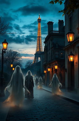 A mystical scene set in Paris, the City of Lost Souls, where ethereal spirits and forgotten souls wander the cobblestone streets