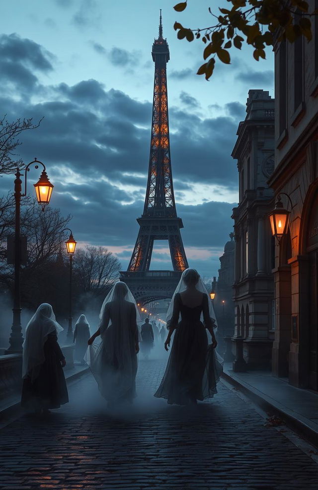 A mystical scene set in Paris, the City of Lost Souls, where ethereal spirits and forgotten souls wander the cobblestone streets