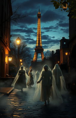 A mystical scene set in Paris, the City of Lost Souls, where ethereal spirits and forgotten souls wander the cobblestone streets