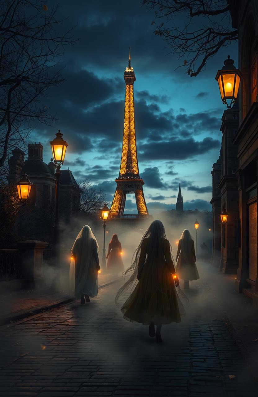 A mystical scene set in Paris, the City of Lost Souls, where ethereal spirits and forgotten souls wander the cobblestone streets