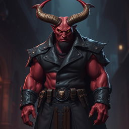 A big, imposing male Qunari with deep red skin, showcasing large, curved horns protruding from his forehead