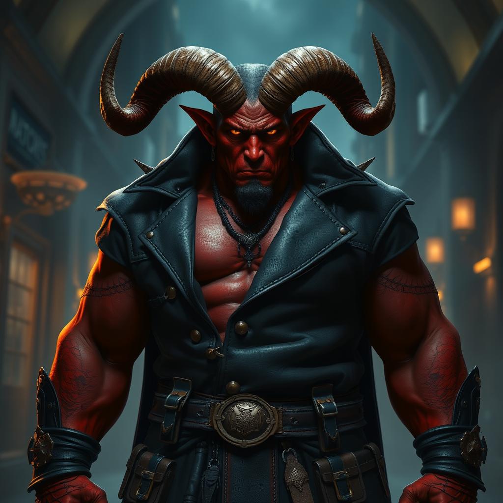 A big, imposing male Qunari with deep red skin, showcasing large, curved horns protruding from his forehead