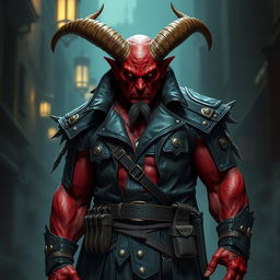 A big, imposing male Qunari with deep red skin, showcasing large, curved horns protruding from his forehead