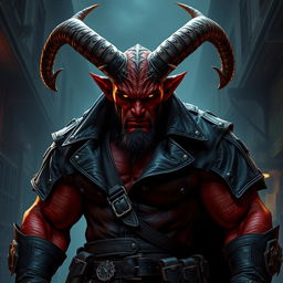 A big, imposing male Qunari with deep red skin, showcasing large, curved horns protruding from his forehead