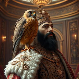 A beautiful Shahin falcon perched on the shoulder of an Iranian king, dressed in lavish royal attire, surrounded by a majestic Persian palace interior