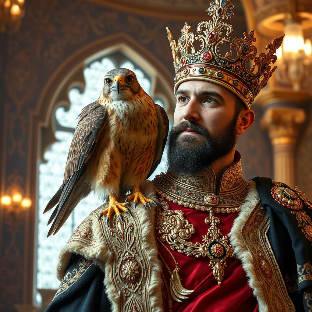 A beautiful Shahin falcon perched on the shoulder of an Iranian king, dressed in lavish royal attire, surrounded by a majestic Persian palace interior