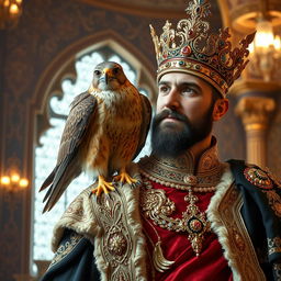 A beautiful Shahin falcon perched on the shoulder of an Iranian king, dressed in lavish royal attire, surrounded by a majestic Persian palace interior