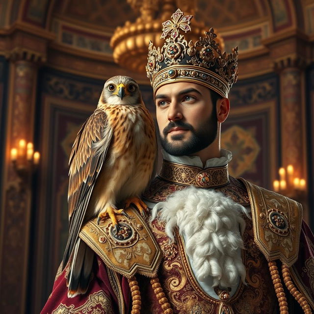 A beautiful Shahin falcon perched on the shoulder of an Iranian king, dressed in lavish royal attire, surrounded by a majestic Persian palace interior