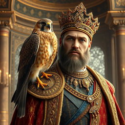 A beautiful Shahin falcon perched on the shoulder of an Iranian king, dressed in lavish royal attire, surrounded by a majestic Persian palace interior