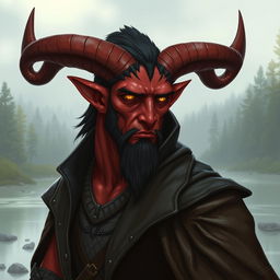 A big male Qunari with deep red skin and large, curved horns, depicted wearing a long, dark leather coat that flows elegantly around his sturdy frame