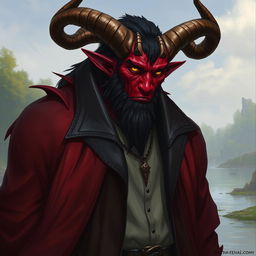 A big male Qunari with deep red skin and large, curved horns, depicted wearing a long, dark leather coat that flows elegantly around his sturdy frame