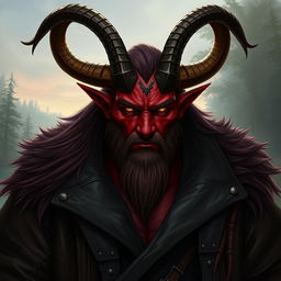 A big male Qunari with deep red skin and large, curved horns, depicted wearing a long, dark leather coat that flows elegantly around his sturdy frame