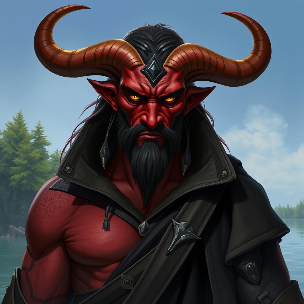 A big male Qunari with deep red skin and large, curved horns, depicted wearing a long, dark leather coat that flows elegantly around his sturdy frame