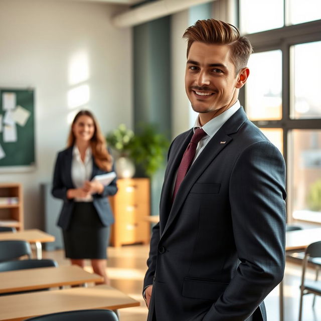 A handsome gentleman with sharp features and well-groomed hair stands in a modern classroom, exuding confidence and charm