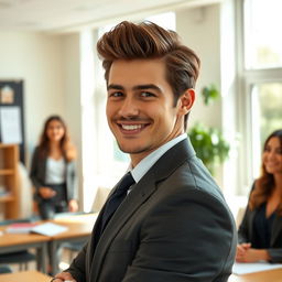 A handsome gentleman with sharp features and well-groomed hair stands in a modern classroom, exuding confidence and charm