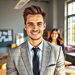 A handsome gentleman with sharp features and well-groomed hair stands in a modern classroom, exuding confidence and charm