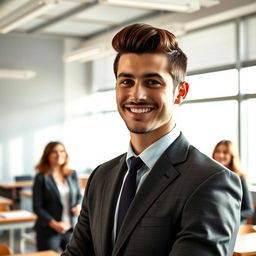 A handsome gentleman with sharp features and well-groomed hair stands in a modern classroom, exuding confidence and charm